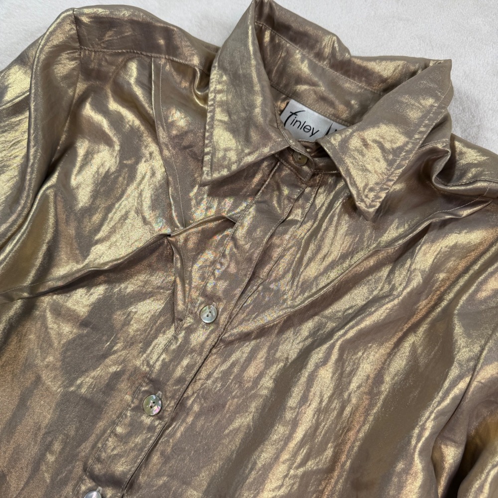 Finley Liquid Gold Metallic Button Down Blouse Shirt Gold Womens Size Medium